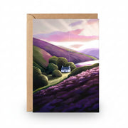 Pentlands greeting card showing purple heather hills and a white cottage