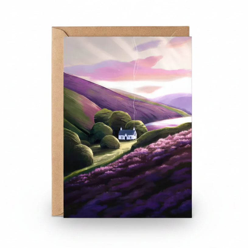 Pentlands greeting card showing purple heather hills and a white cottage