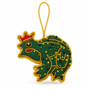 Frog Prince embroidered decoration close up, showing the gold metal thread spots and red crown