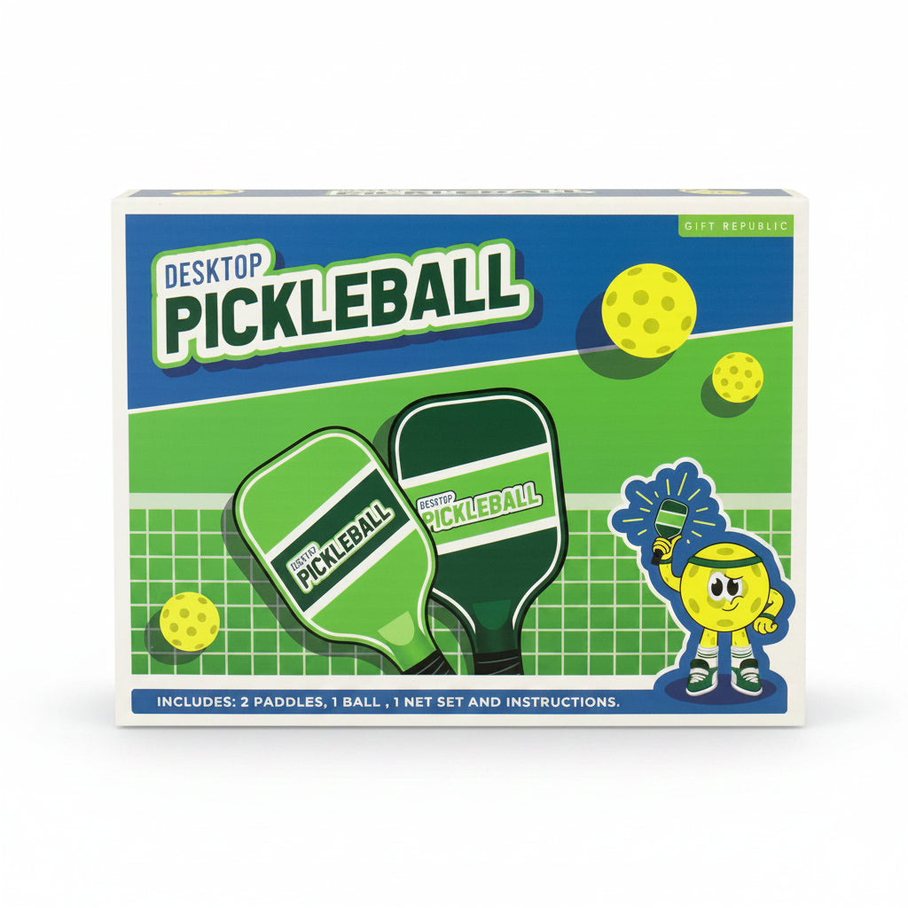 Desktop Pickleball gift set box with paddles and yellow ball design