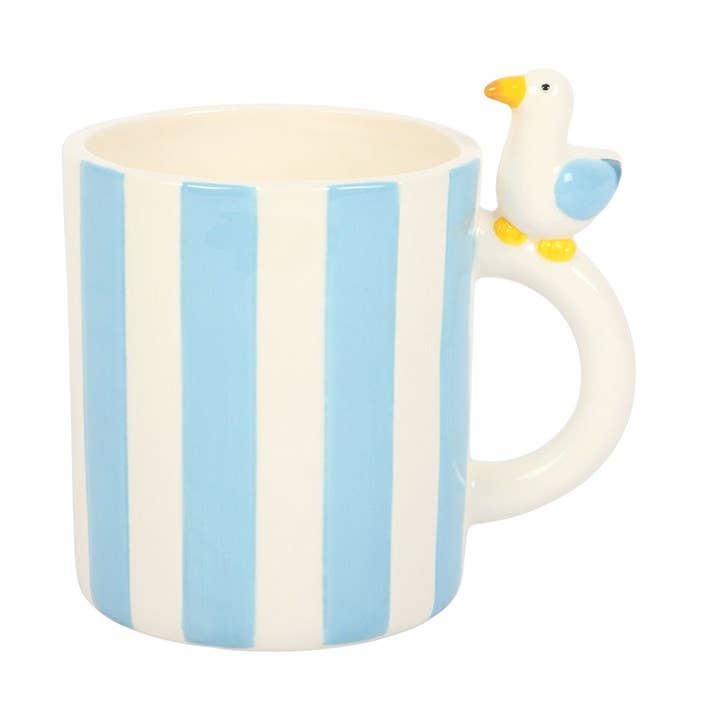 Blue and white striped mug with perched seagull handle on white background
