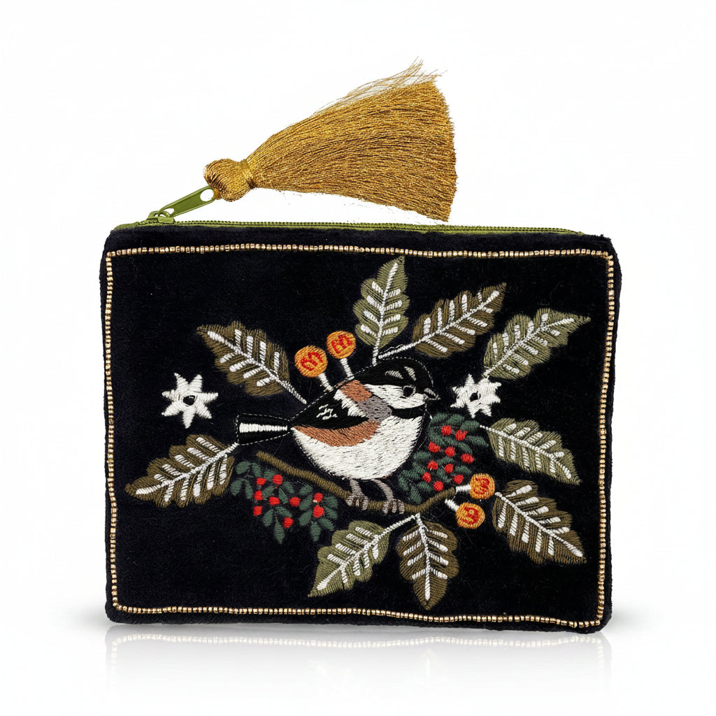 Navy velvet bird pouch flat showing full embroidered design on white background