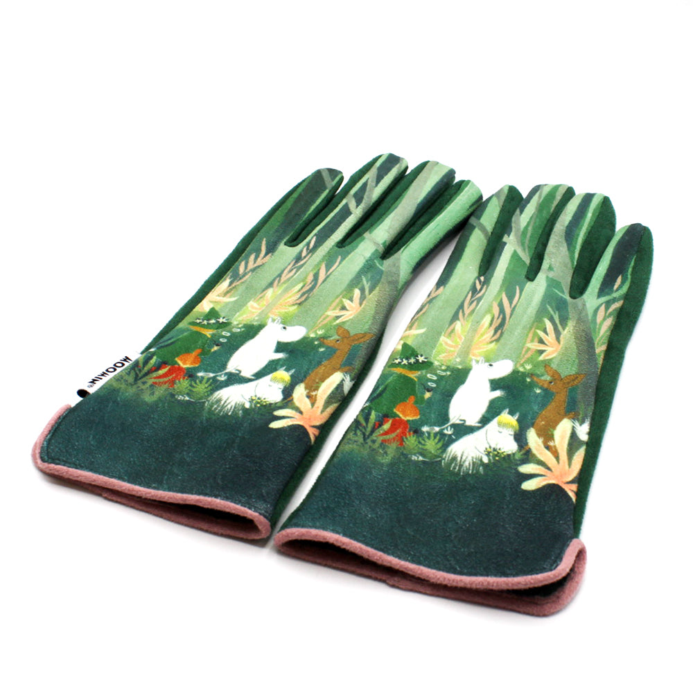 Moomin Forest Gloves angled to show the printed forest scene and pink cuff trim