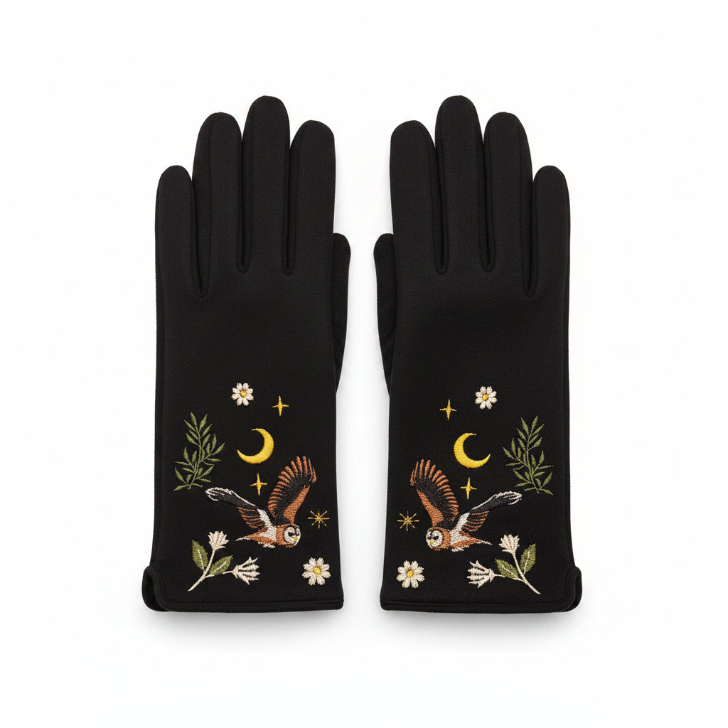 Black owl gloves pair front view on white background