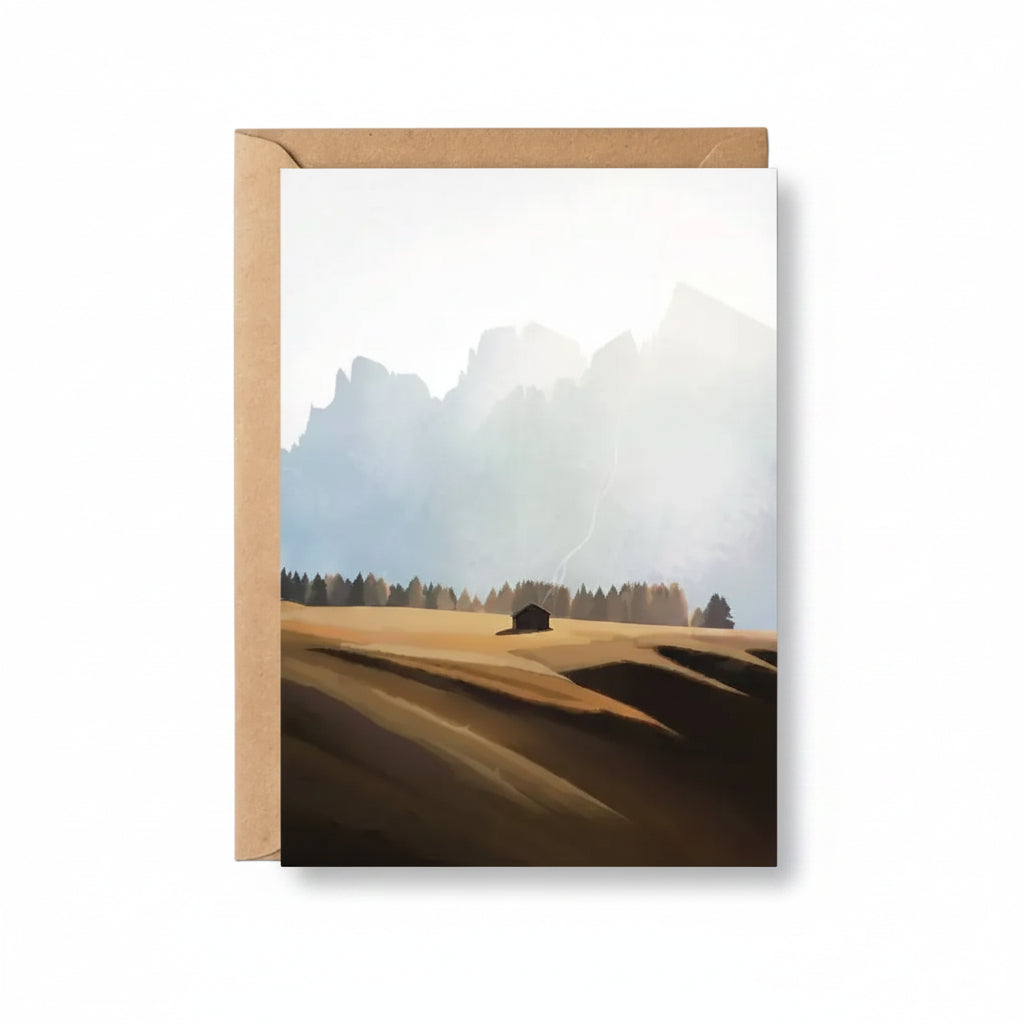 Dolomiti Riposo greeting card featuring Sara Willia's Italian Dolomites landscape artwork with kraft envelope