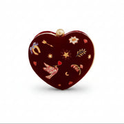Heart-shaped red velvet jewellery box embroidered with doves and stars