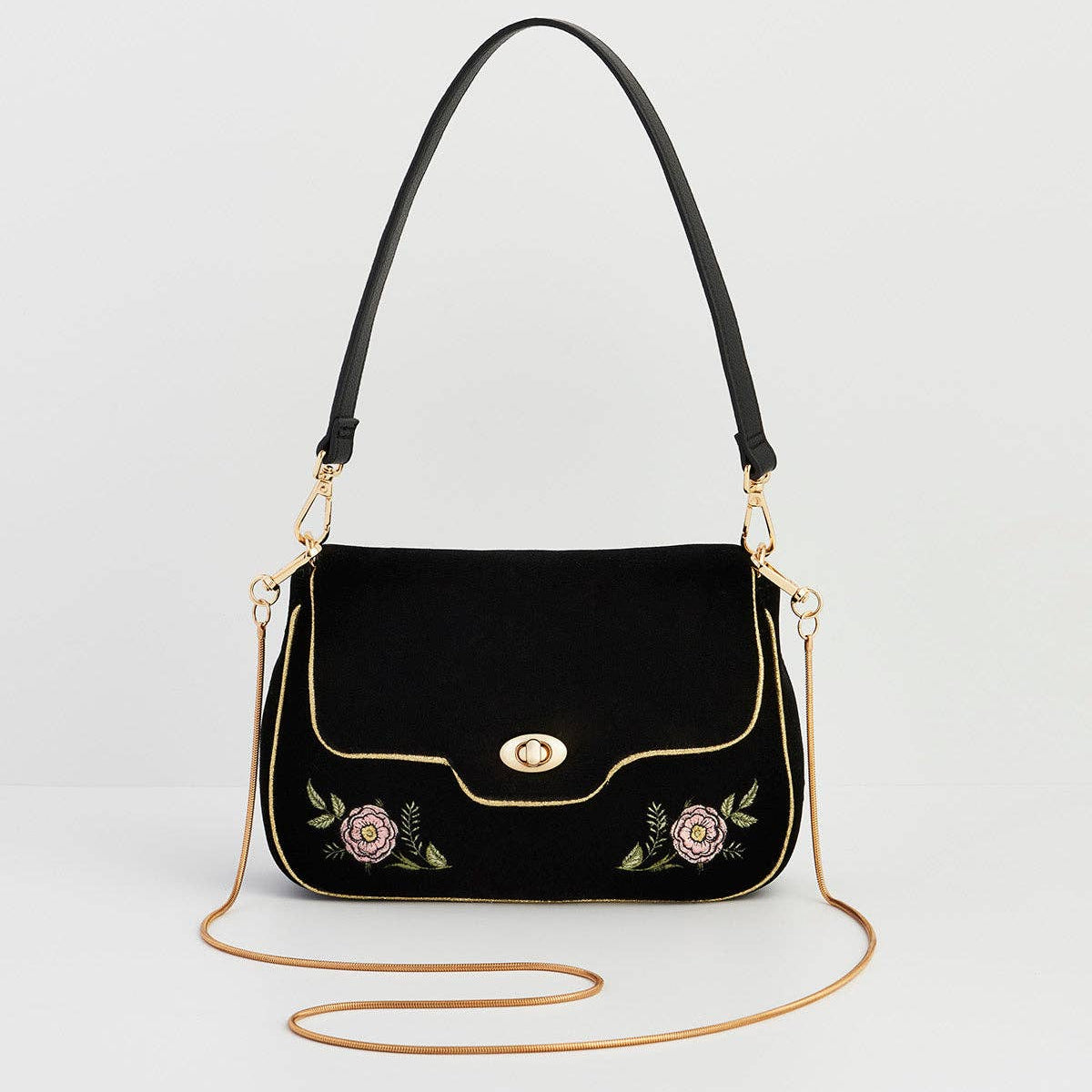 Rose embroidered black clutch with shoulder strap and gold trim