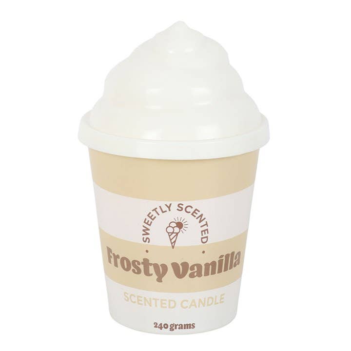 Frosty Vanilla candle with white swirl lid on white background