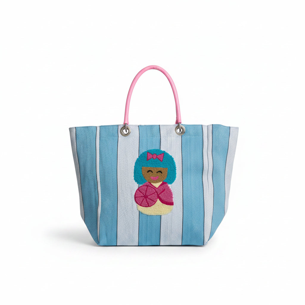 Earth Squared Doll Stripe market tote bag with hand-embroidered doll and deck chair stripes, front view