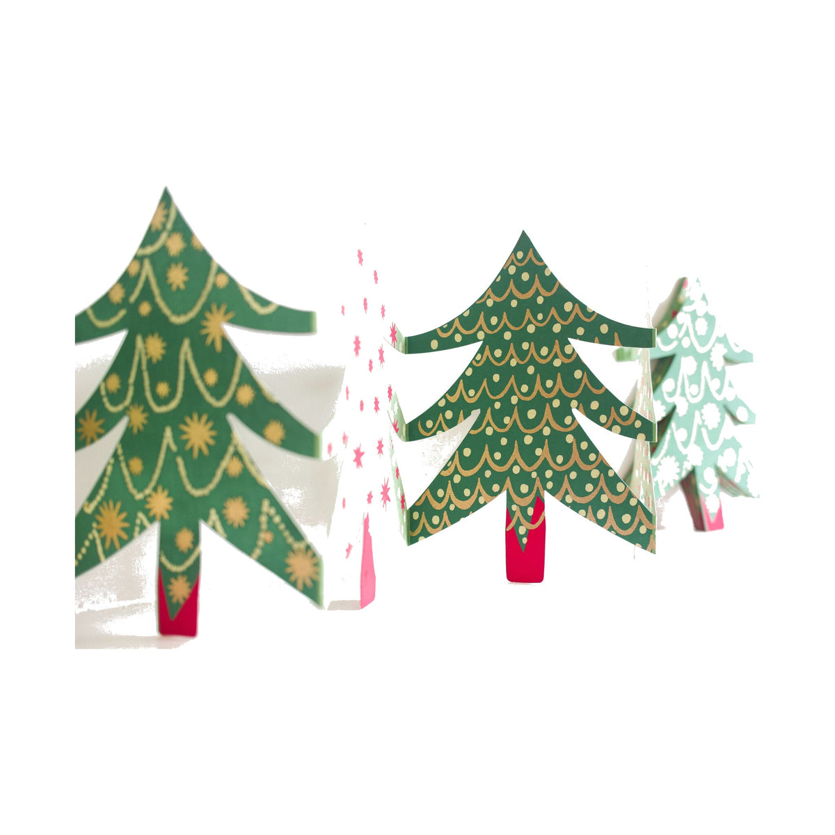 Christmas Trees Concertina Garland opened out, four printed tree designs in green, white and gold