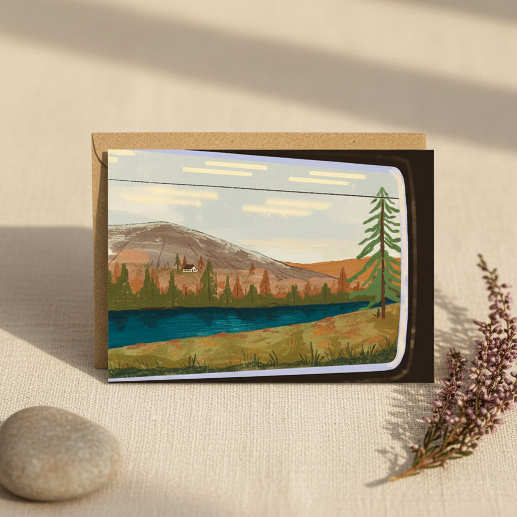 A landscape art print or card featuring a mountain, lake, trees, and sky, shown with a kraft envelope behind it on a white background.