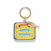 Enamel sardine tin keyring showing colourful fish design angled view