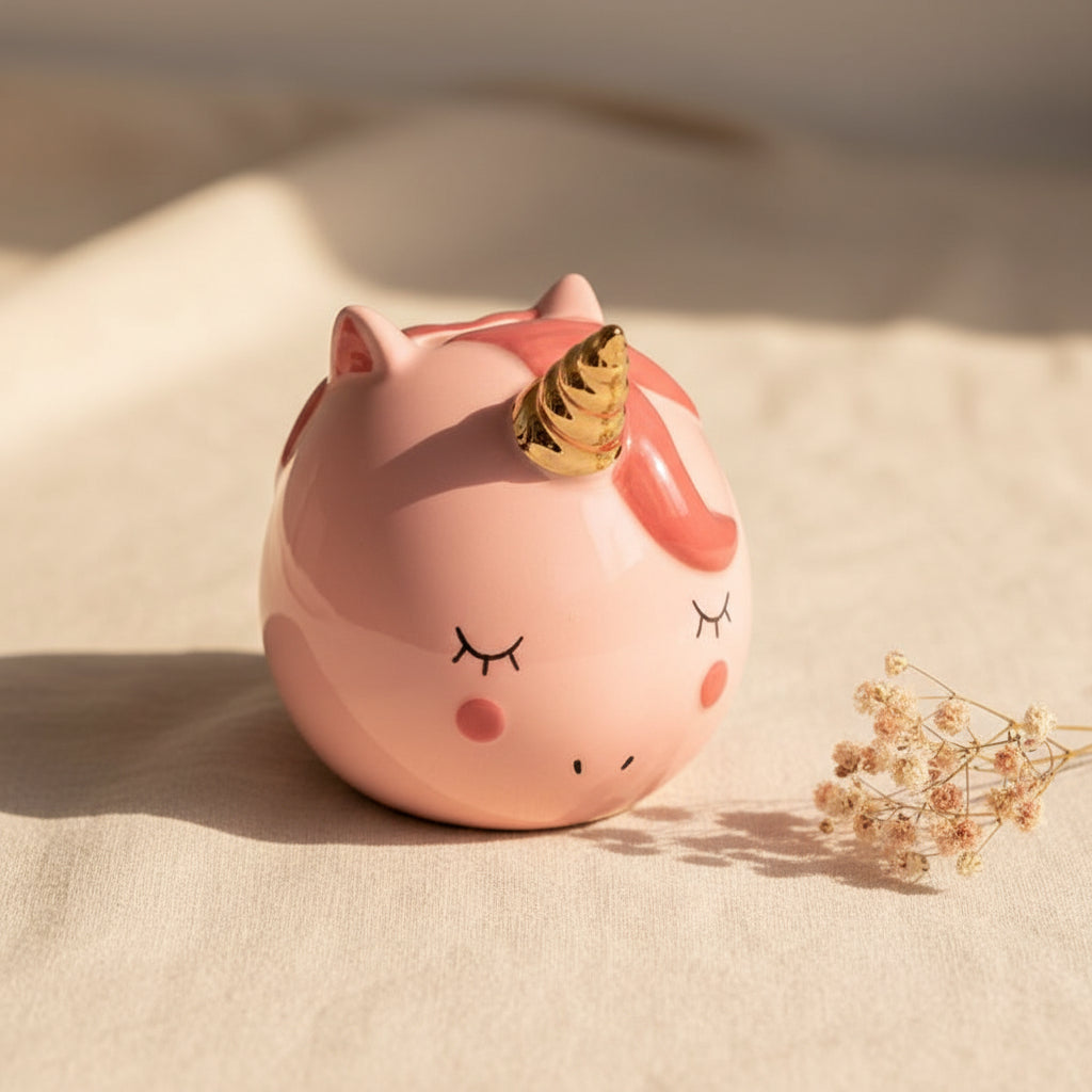 Enchanted Rainbows Unicorn Pink Ceramic Money Box beside its rainbow-striped blue gift box packaging.
