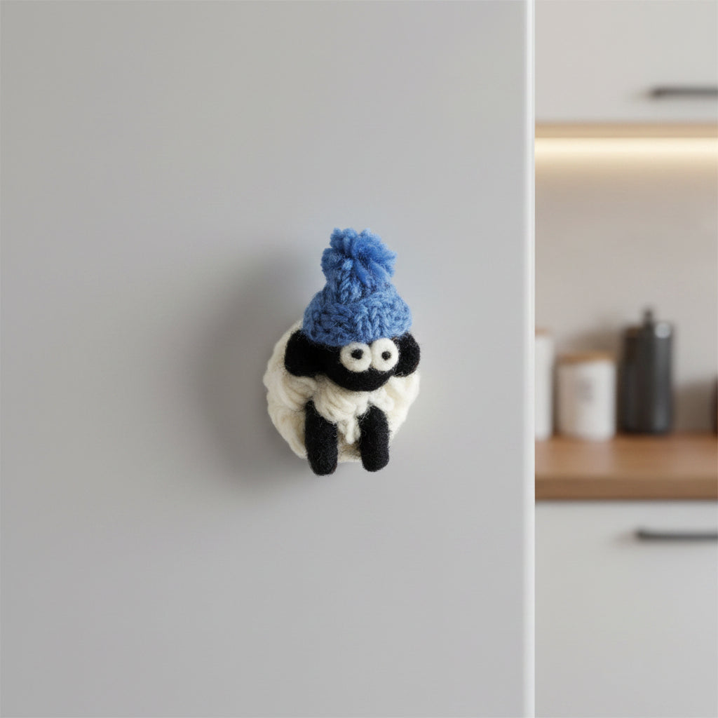 Knitted sheep magnet in a blue bobble hat styled as a small gift