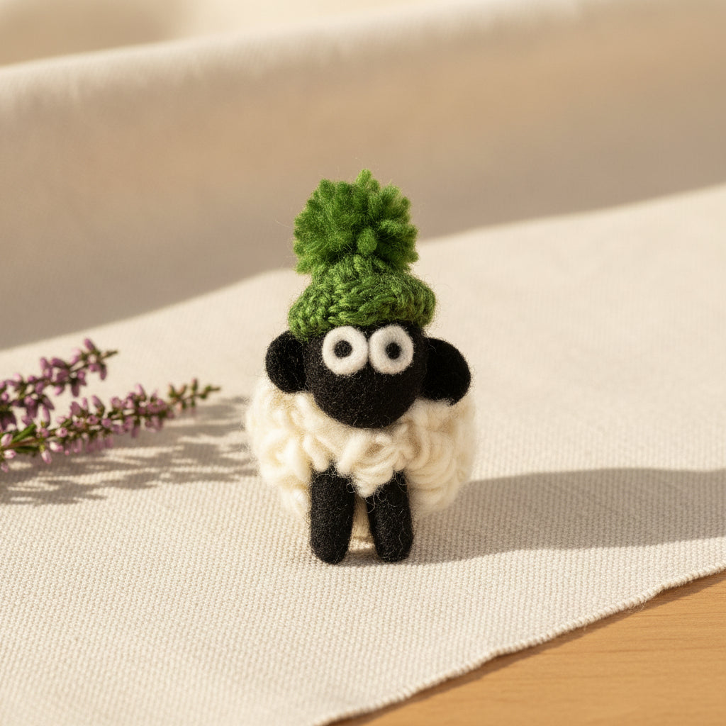 Knitted sheep magnet in a green bobble hat styled as a small gift