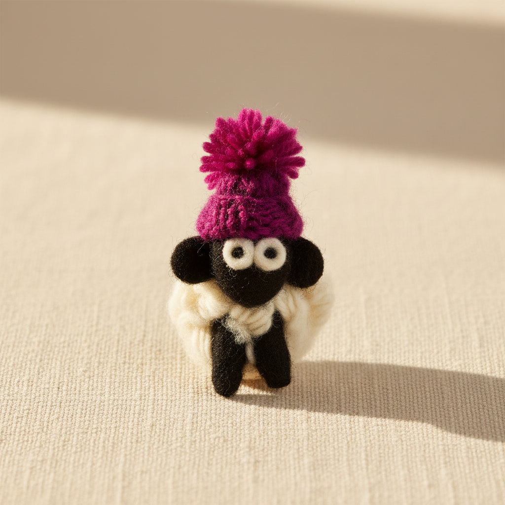 Knitted sheep magnet in a purple bobble hat styled as a small gift