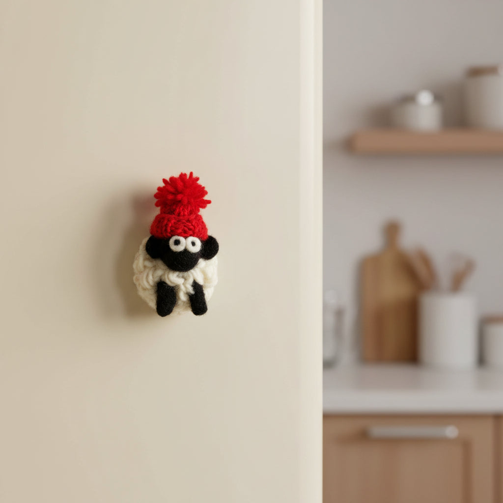 Knitted sheep magnet in a red bobble hat styled as a small gift