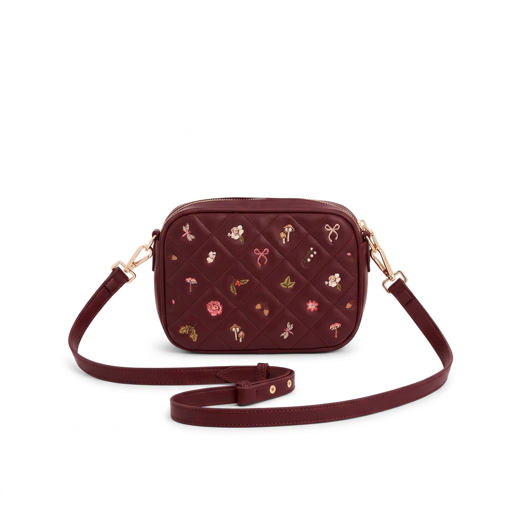 Alice Orla quilted burgundy camera bag with crossbody strap