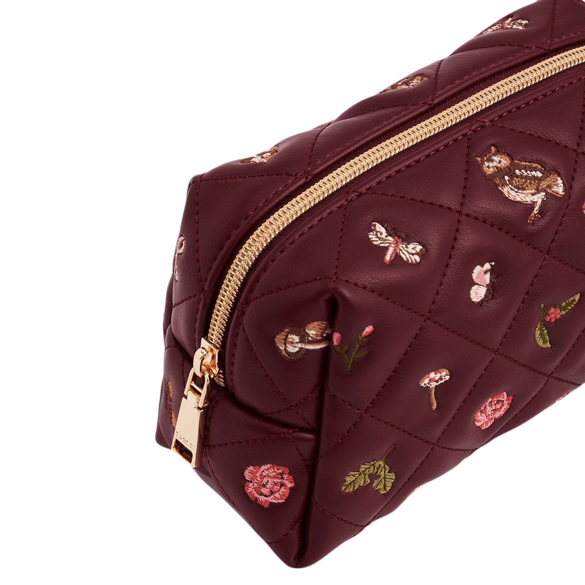 Burgundy quilted pouch angled view