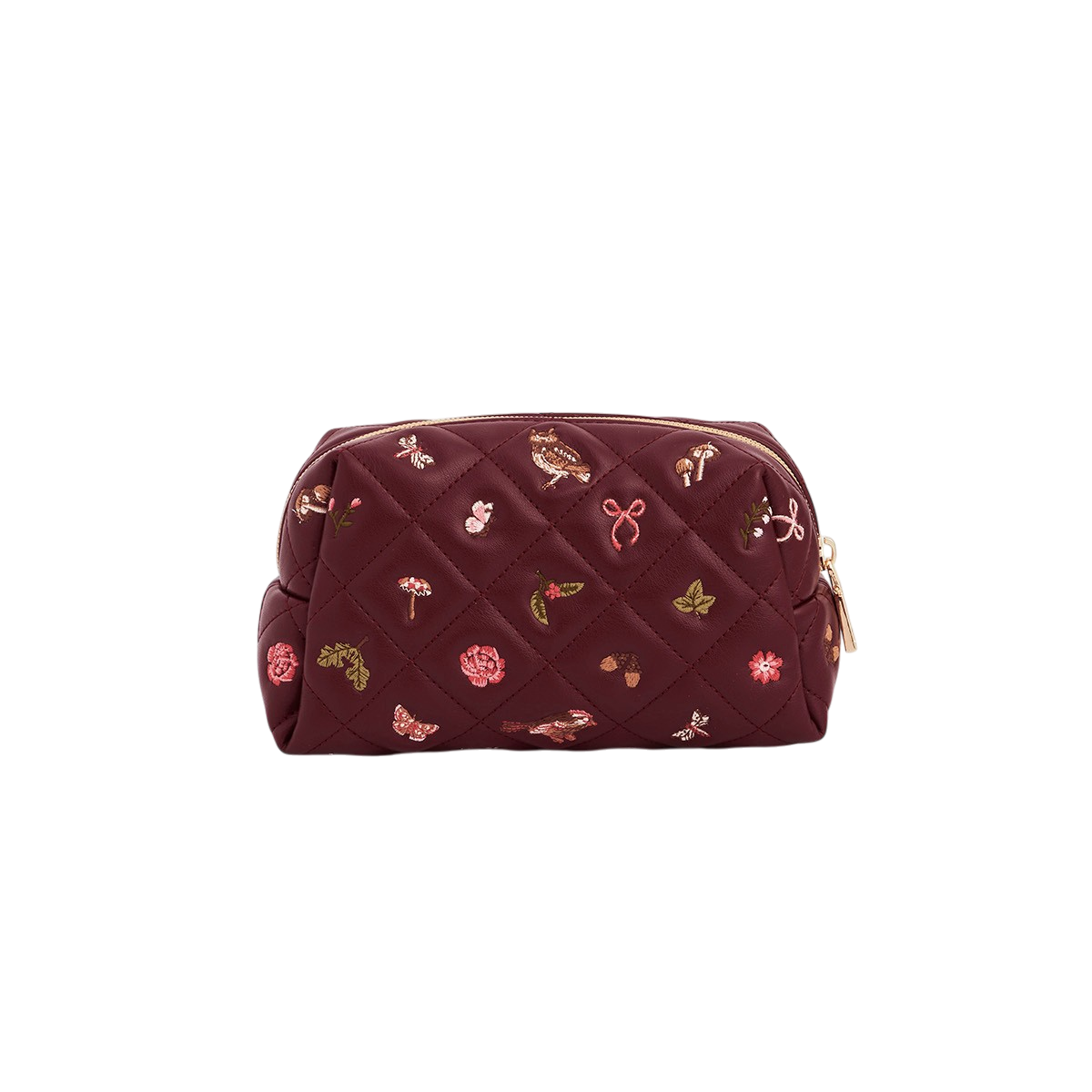 Embroidered quilted medium pouch in burgundy faux leather
