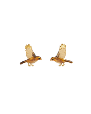 Enamel Flying Robin stud earrings pair facing each other on white background