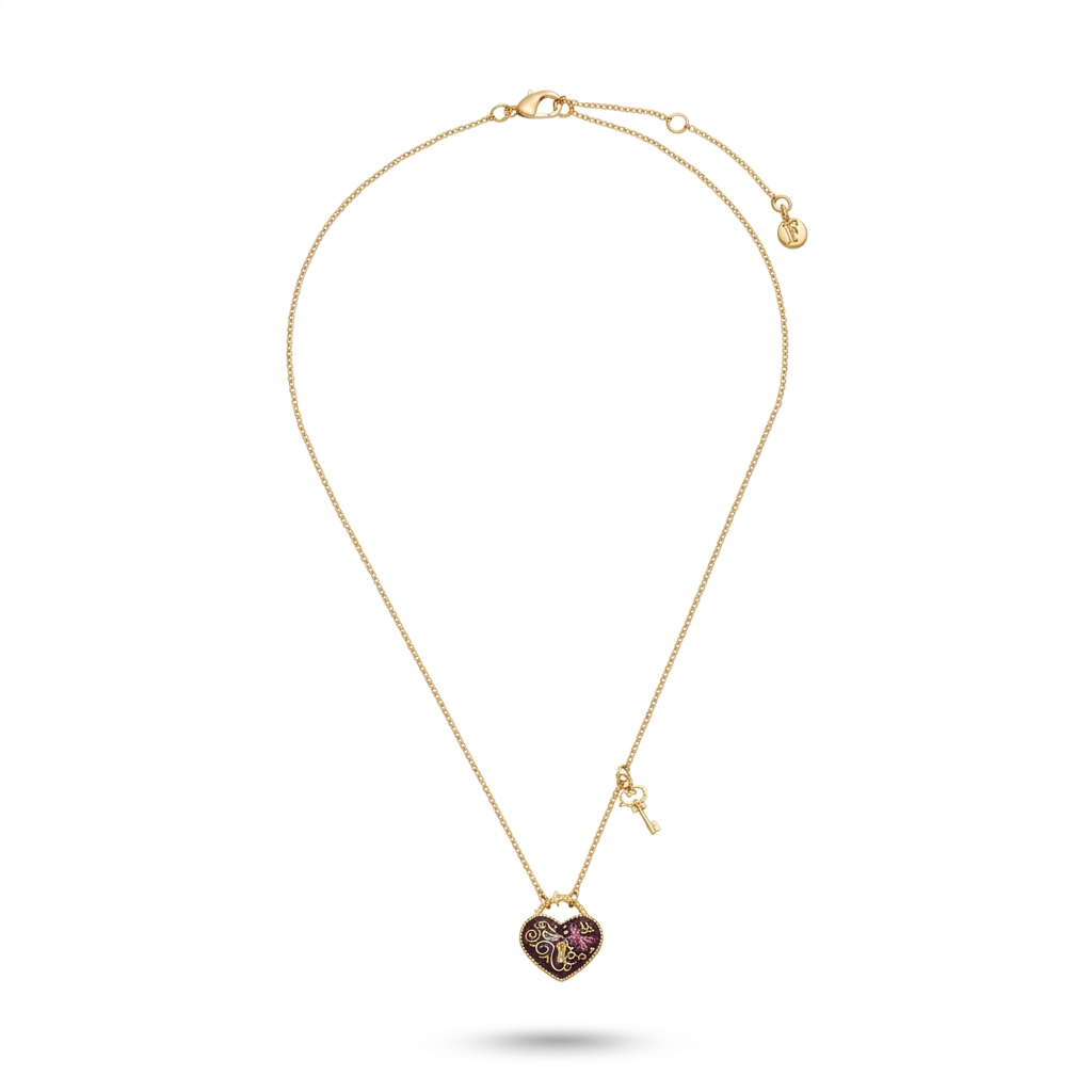 Eve heart lock and key necklace full chain view