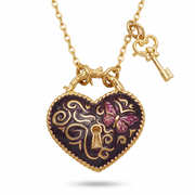 Eve heart lock and key necklace in gold with burgundy butterfly heart