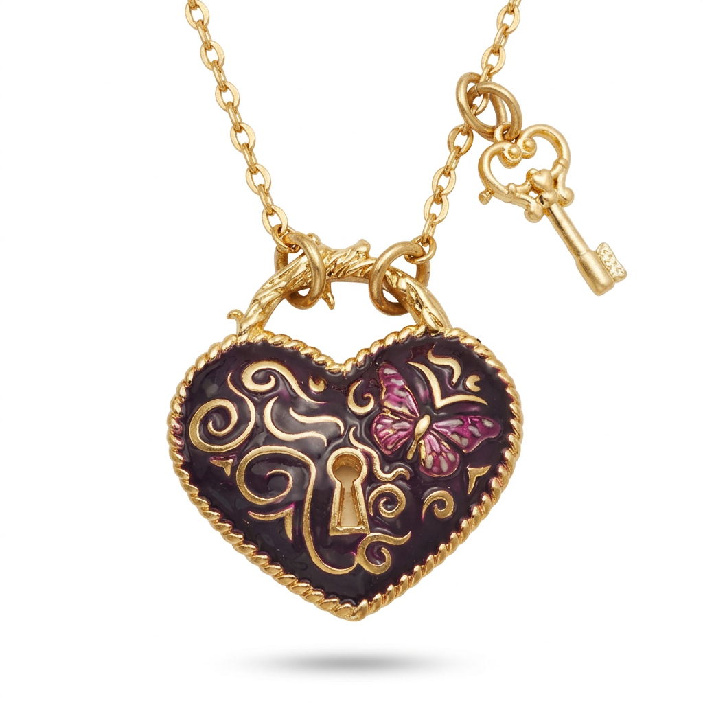Eve heart lock and key necklace in gold with burgundy butterfly heart