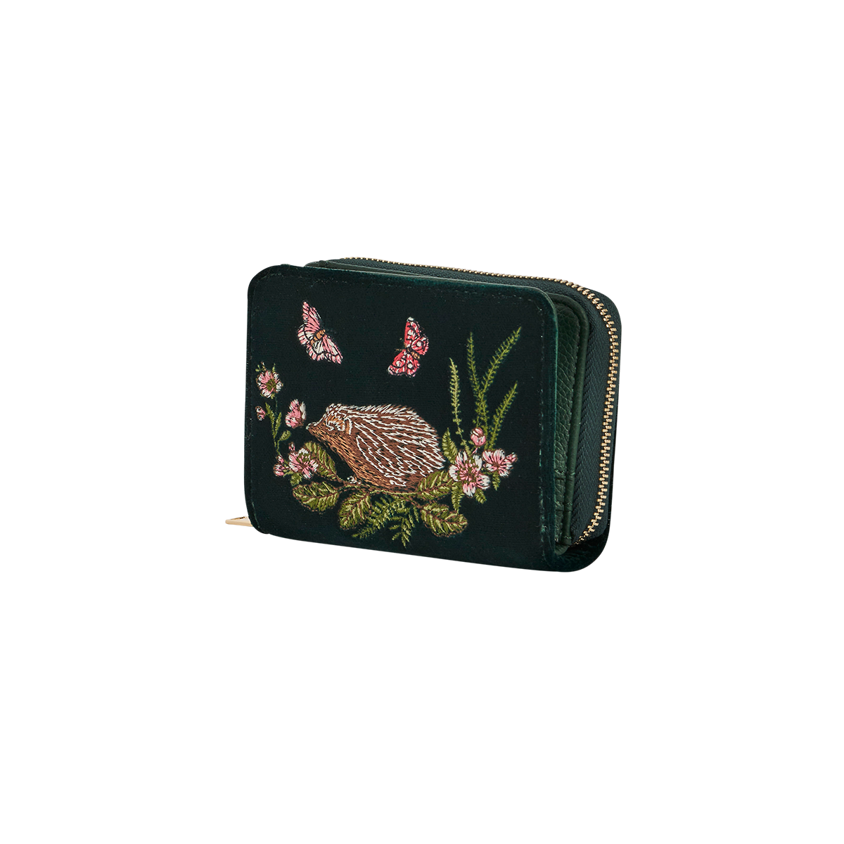 Hedgehog green velvet purse angled view