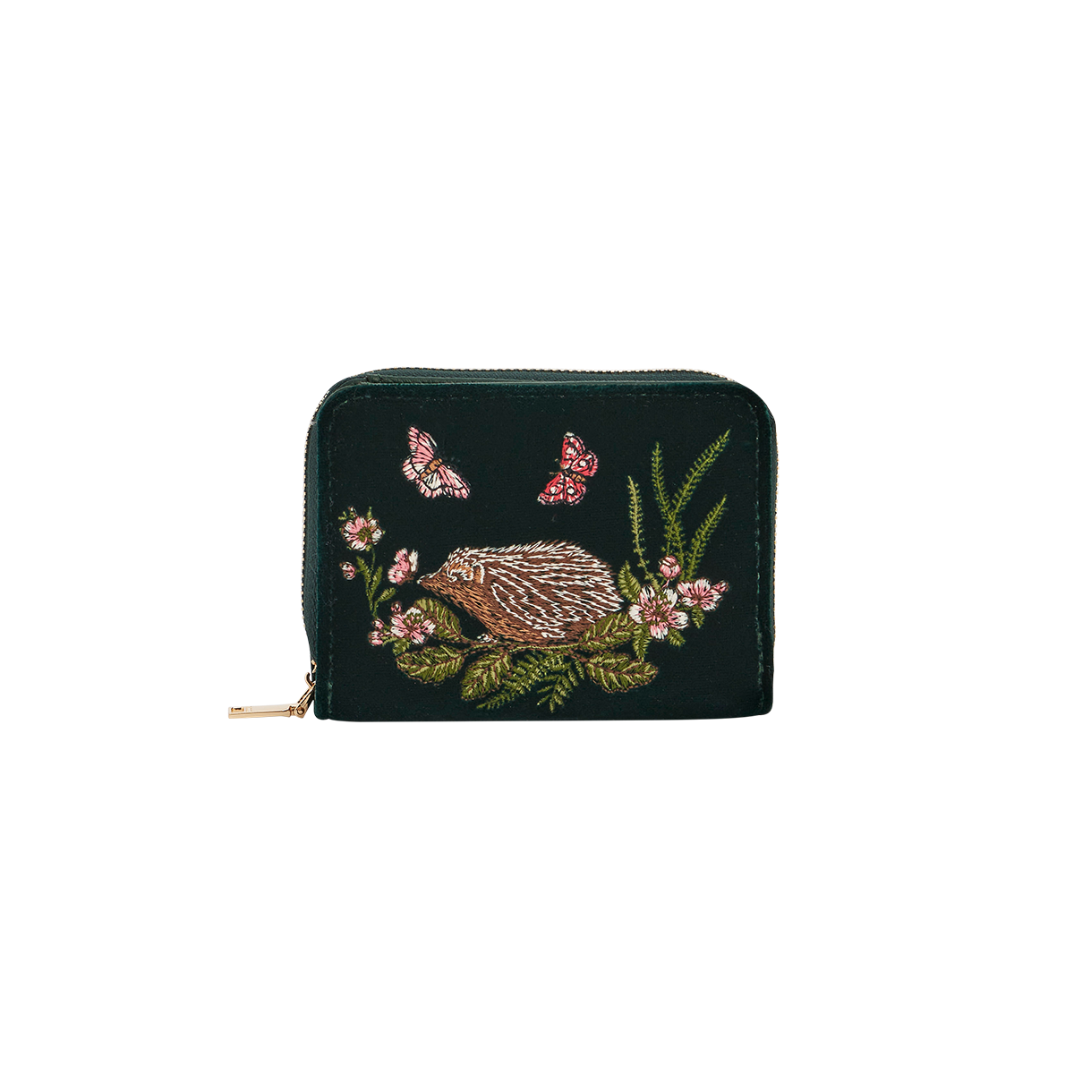Hedgehog embroidered small purse in forest green velvet styled lifestyle view