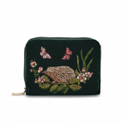 Hedgehog embroidered small purse in forest green velvet