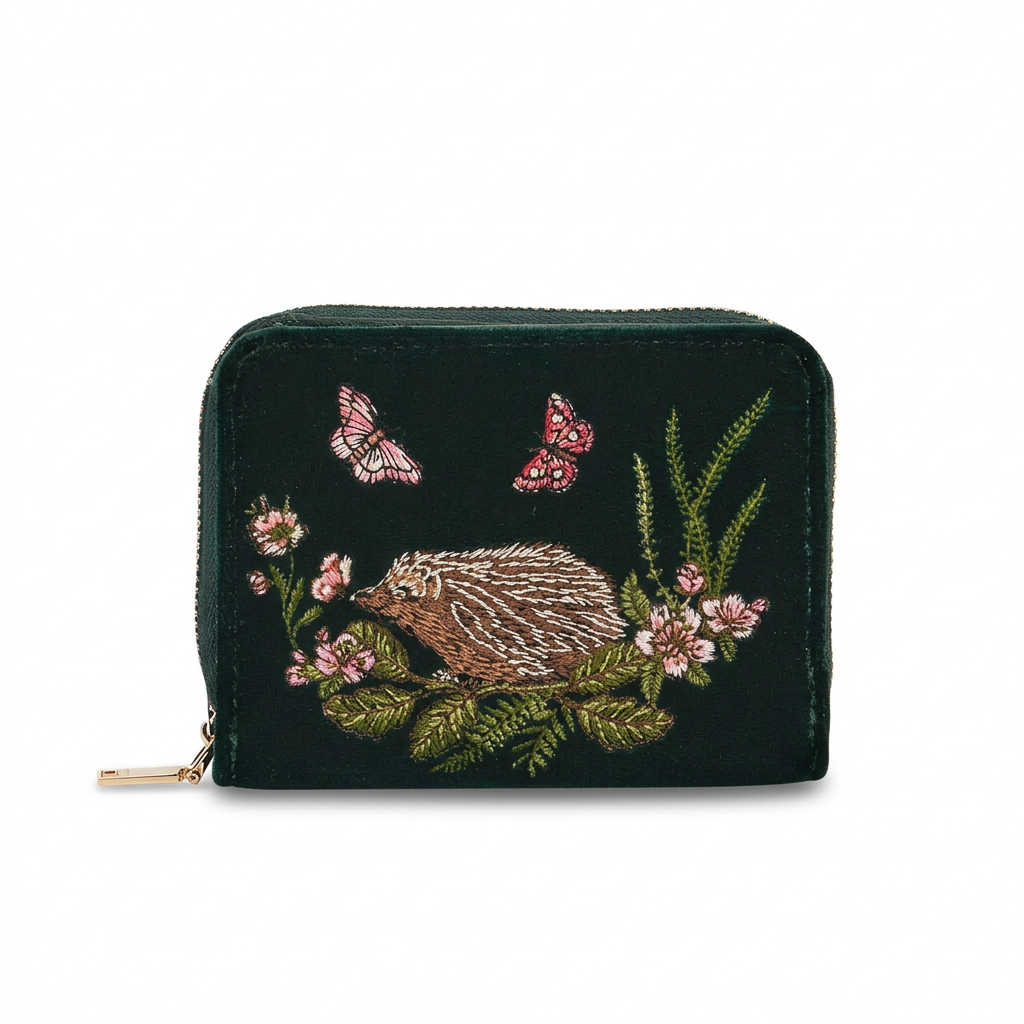 Hedgehog embroidered small purse in forest green velvet
