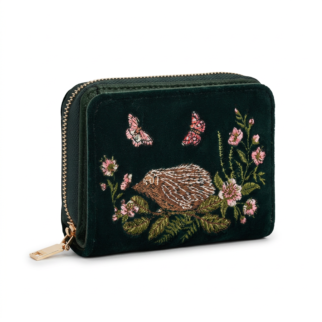 Hedgehog velvet purse showing the gold zip