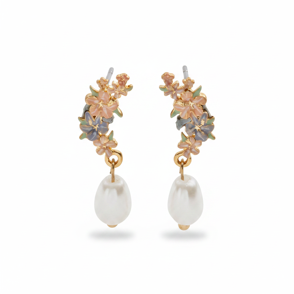 Hibiscus pearl earrings front view on light grey background