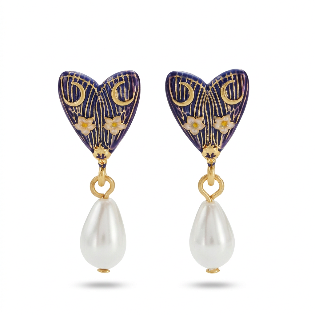 Jasmine Moon butterfly and pearl earrings in gold and purple