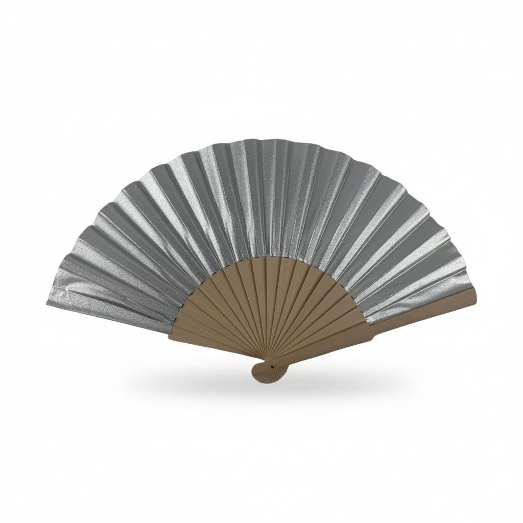 Handheld fan with gray and white striped fabric on a white background