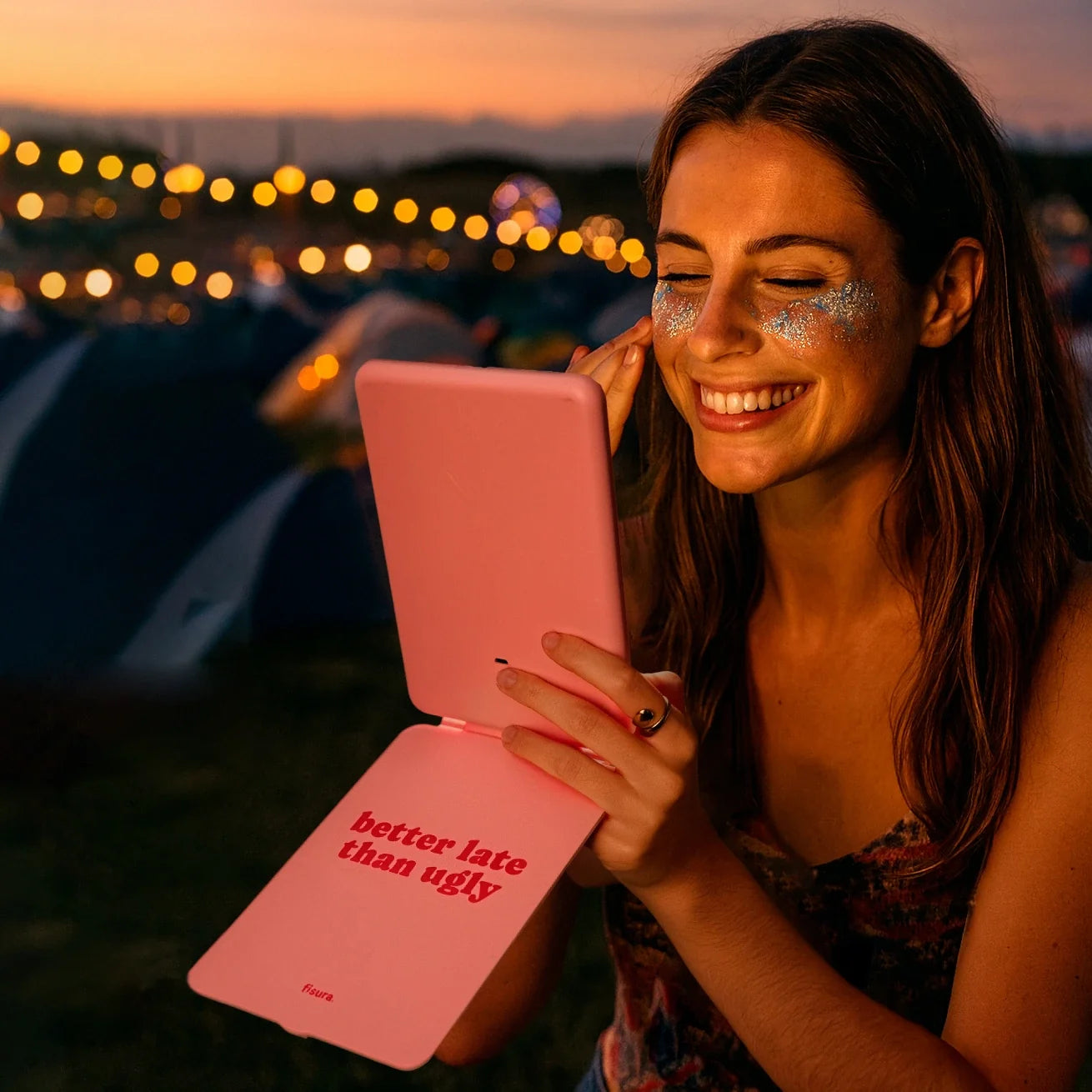 Person using the lit pink travel mirror outdoors in the evening