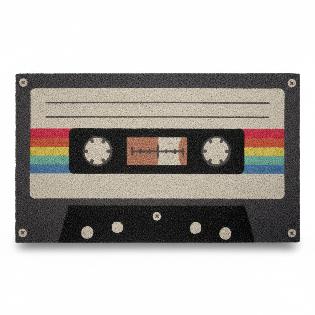 Coir doormat hand-painted as a black cassette tape with rainbow label