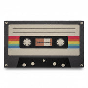 Coir doormat hand-painted as a black cassette tape with rainbow label
