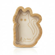 Wooden cat money box with a clear front, shown beside its gift box