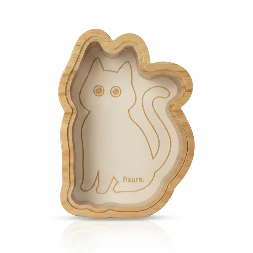 Wooden cat money box with a clear front, shown beside its gift box