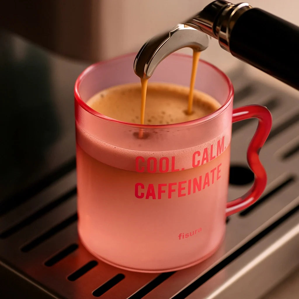 Coffee being poured into the pink glass mug from a machine