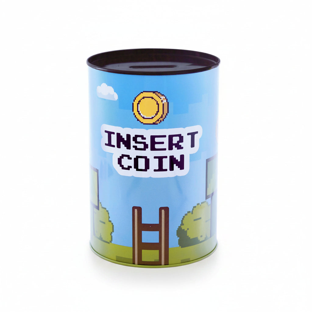 Blue pixel-art money tin printed with Insert Coin and a gold coin