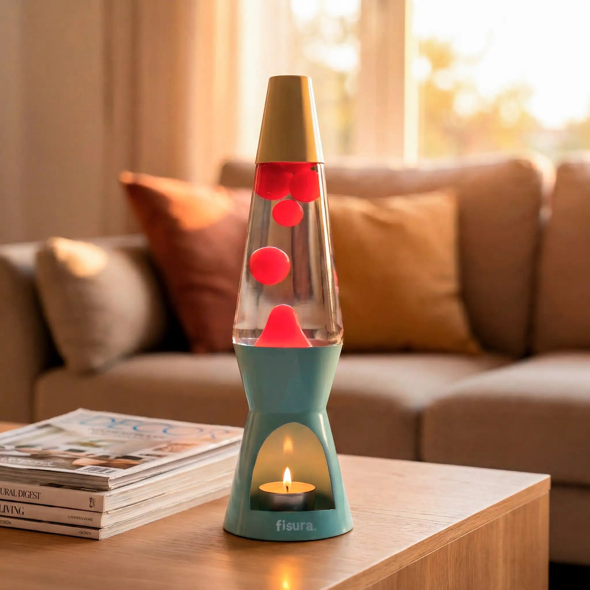 Lava candle lamp glowing on a coffee table in a warm living room