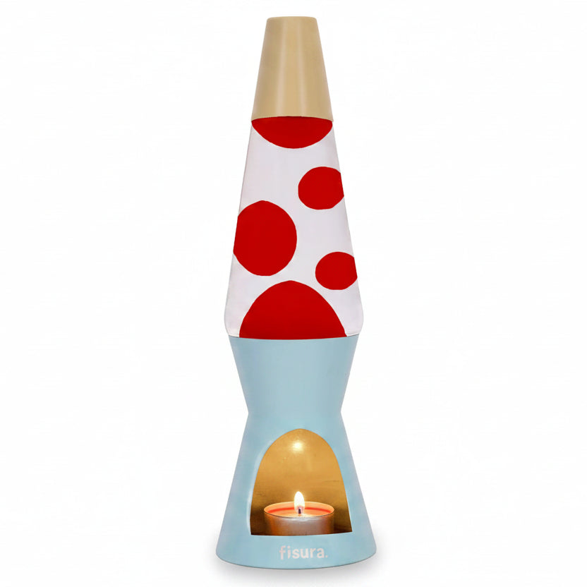 Blue and beige candle-powered lava lamp with red lava, beside its box
