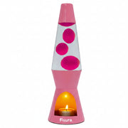 Pink candle-powered lava lamp glowing, shown beside its printed box