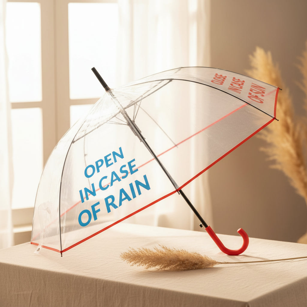 Transparent dome umbrella open, showing the red handle and printed text