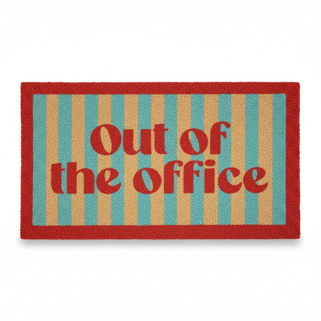 Out Of The Office doormat with blue and teal stripes and orange lettering