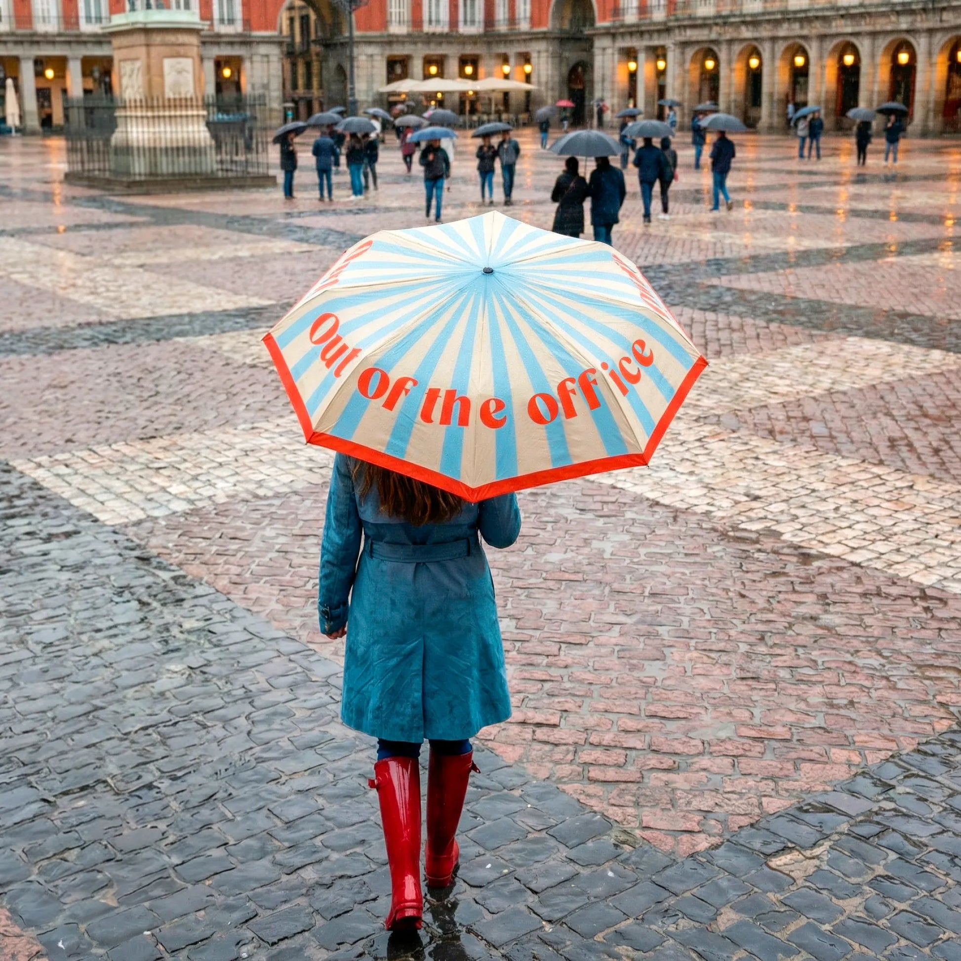 Person in a teal skirt crossing a city square under the blue umbrella
