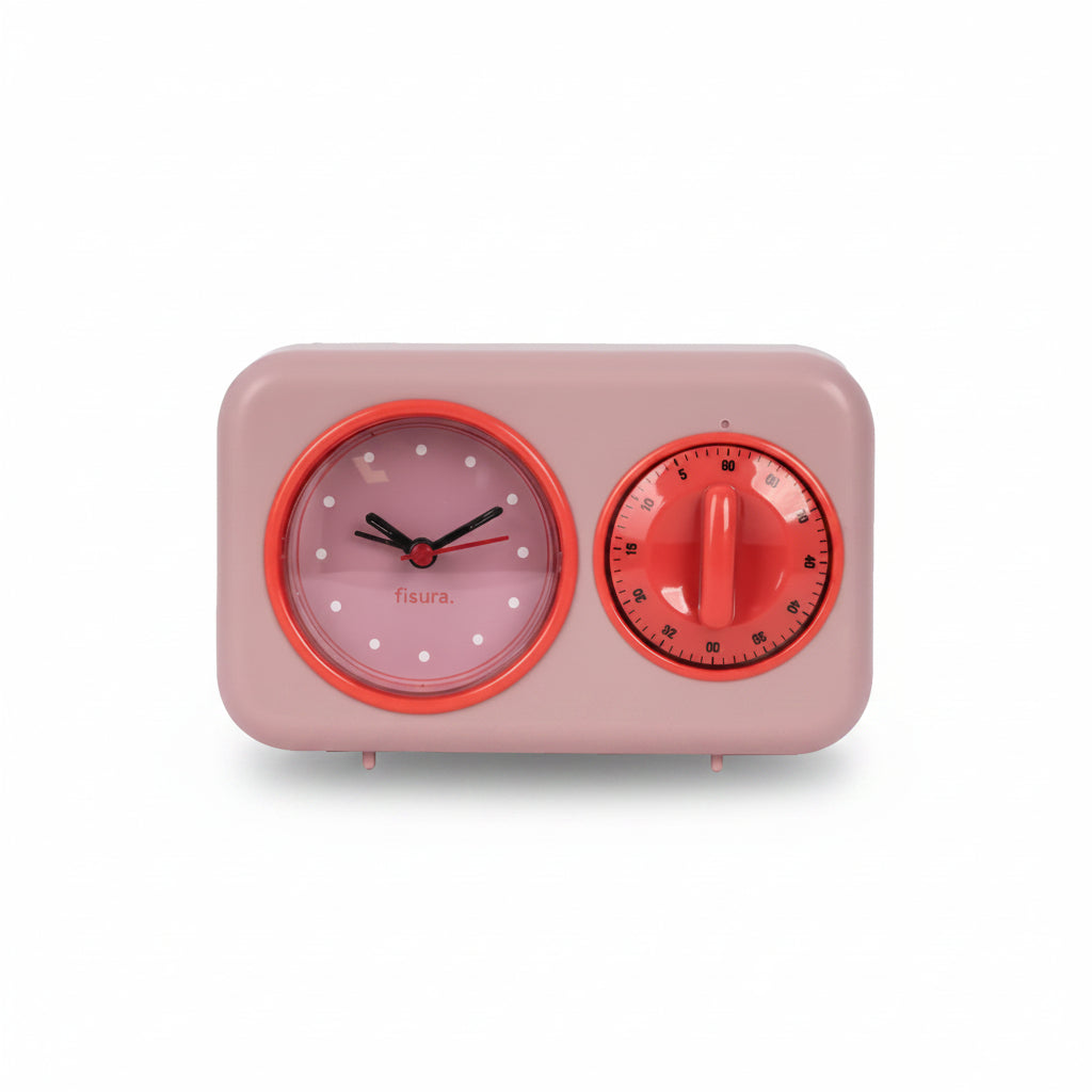 Pink and red retro kitchen timer shown next to its printed gift box